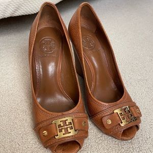 Tory Burch Brown Leather Peep Toe Wedge Pumps